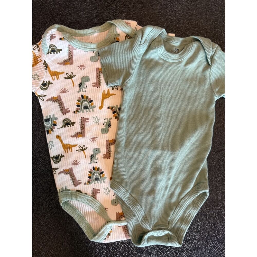 Dinosaur Print and Solid Green Kids One Pieces bundle of two size 12 months